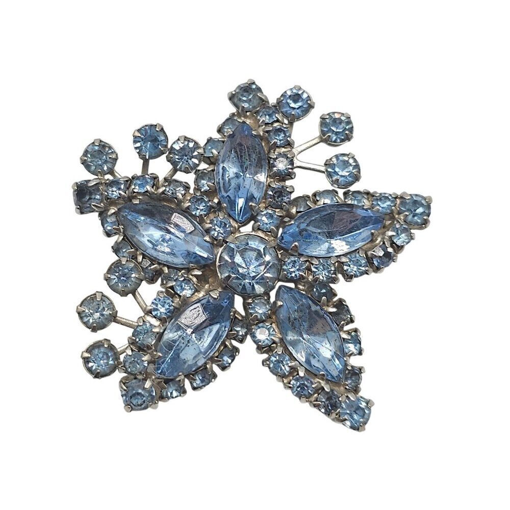 Vintage Silver Tone Blue Rhinestone Starfish Floral Flower Brooch Pin